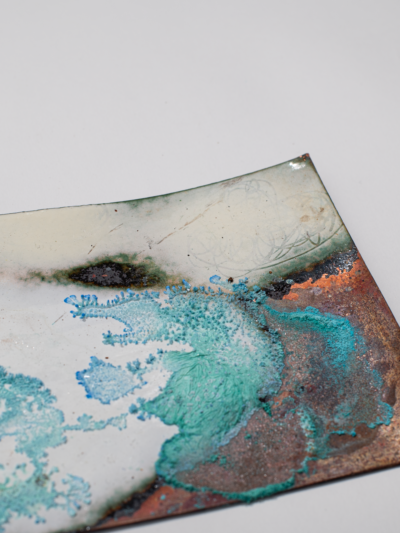 Copper verdigris, white enamel