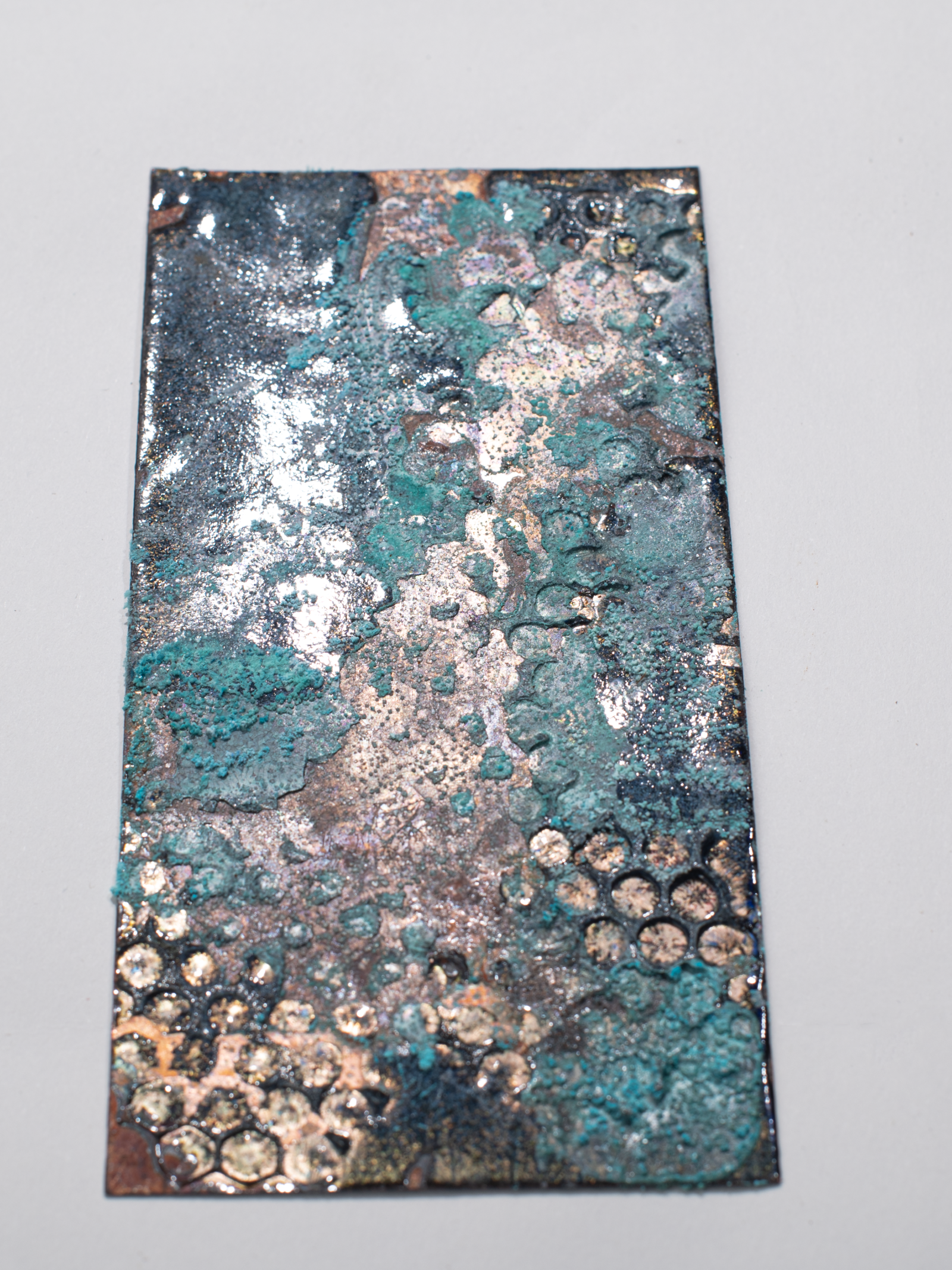 Copper verdigris, blue enamel