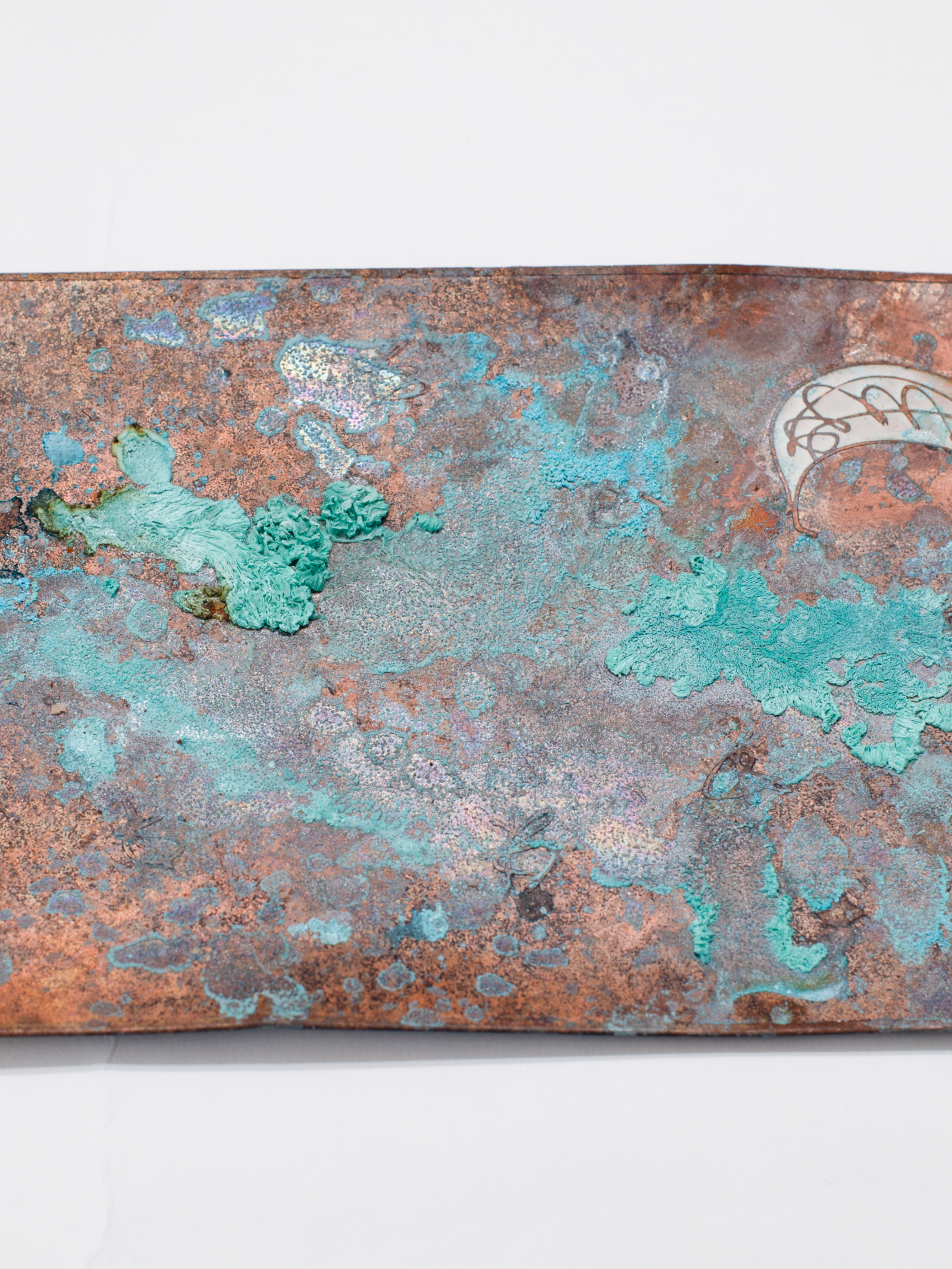 Copper verdigris, white enamel moon