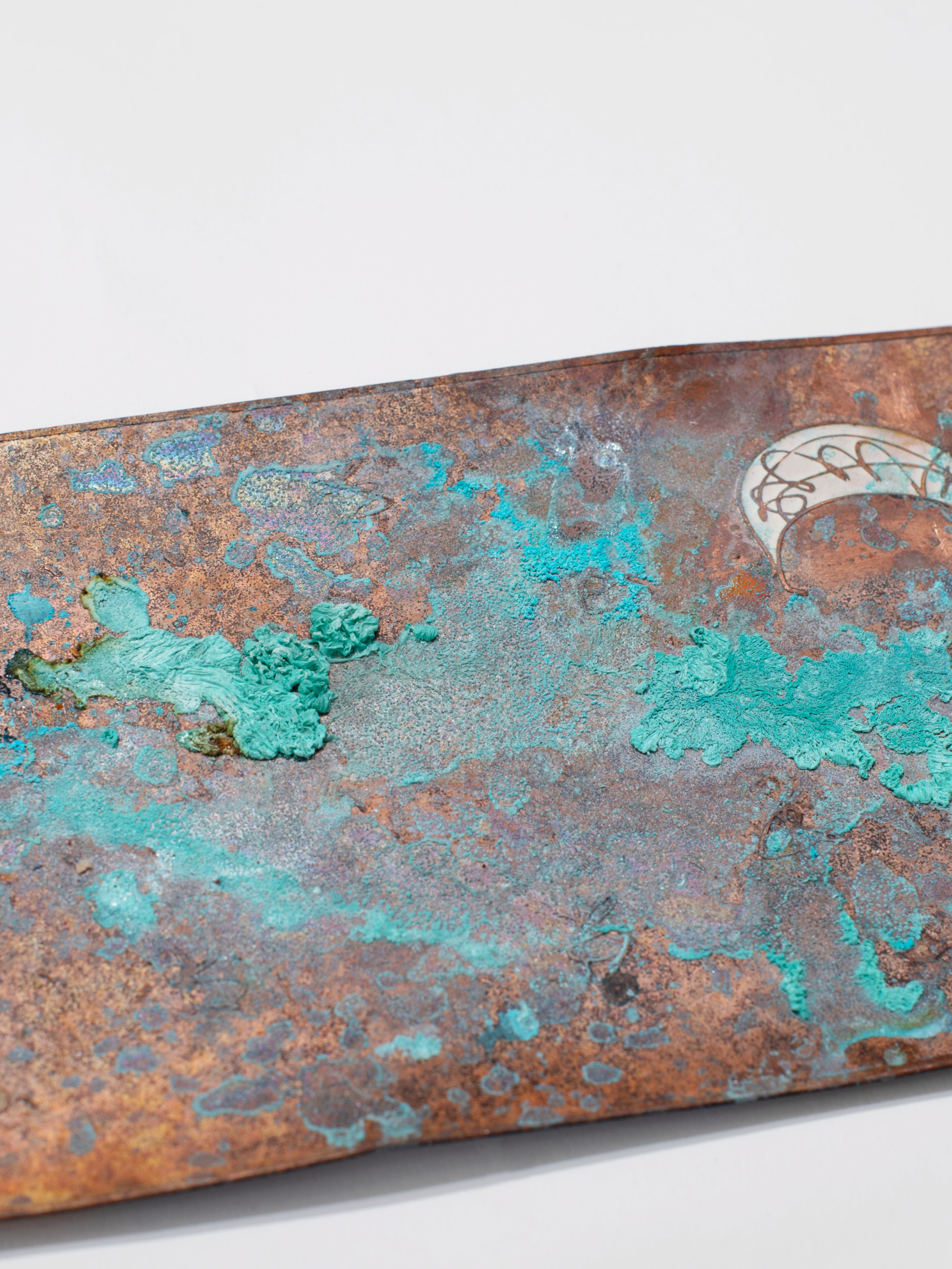 Copper verdigris, white enamel moon