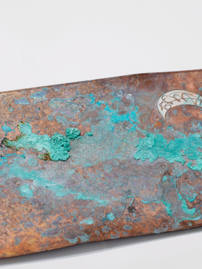 Copper verdigris, white enamel moon