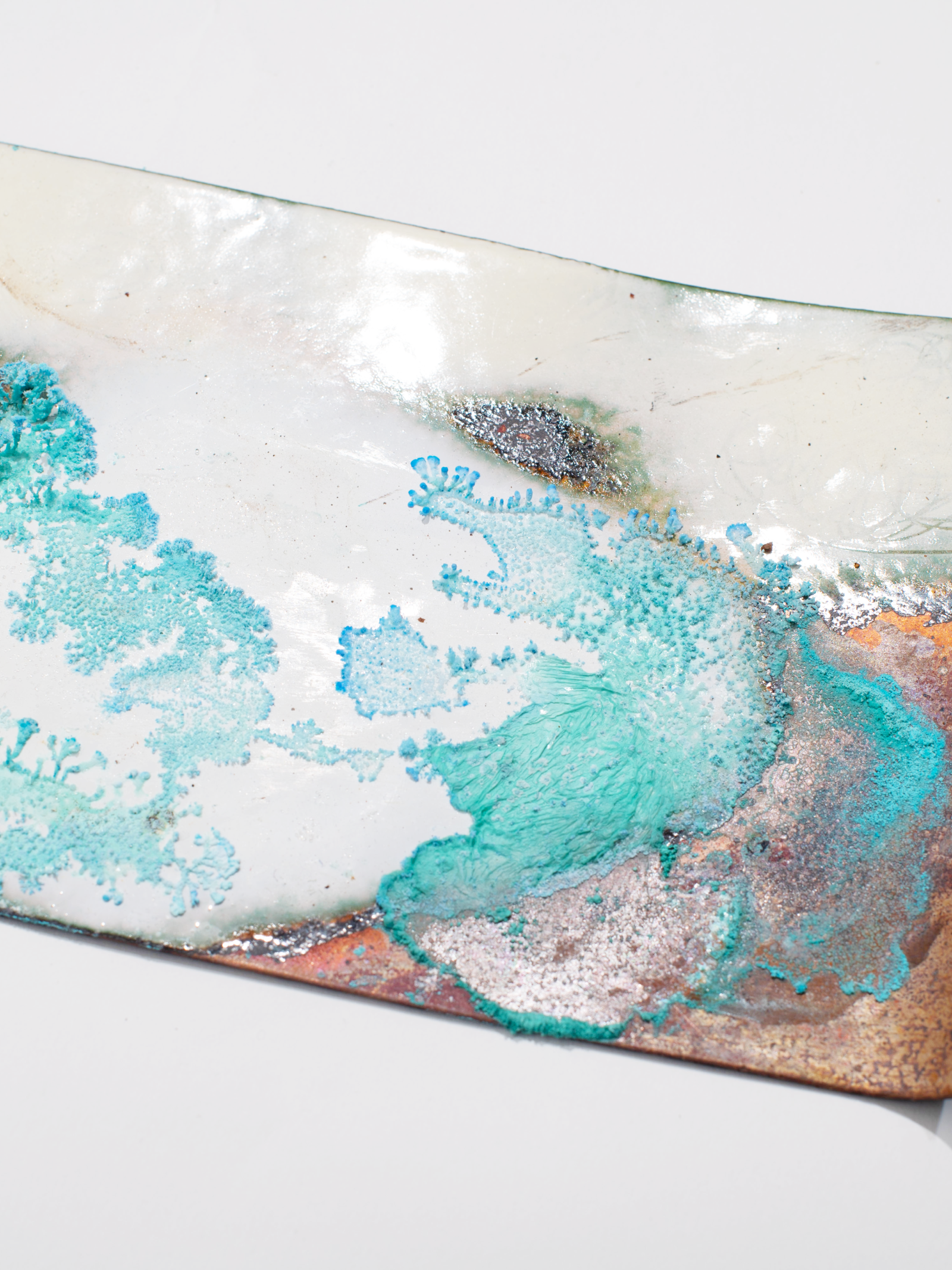 Copper verdigris, white enamel