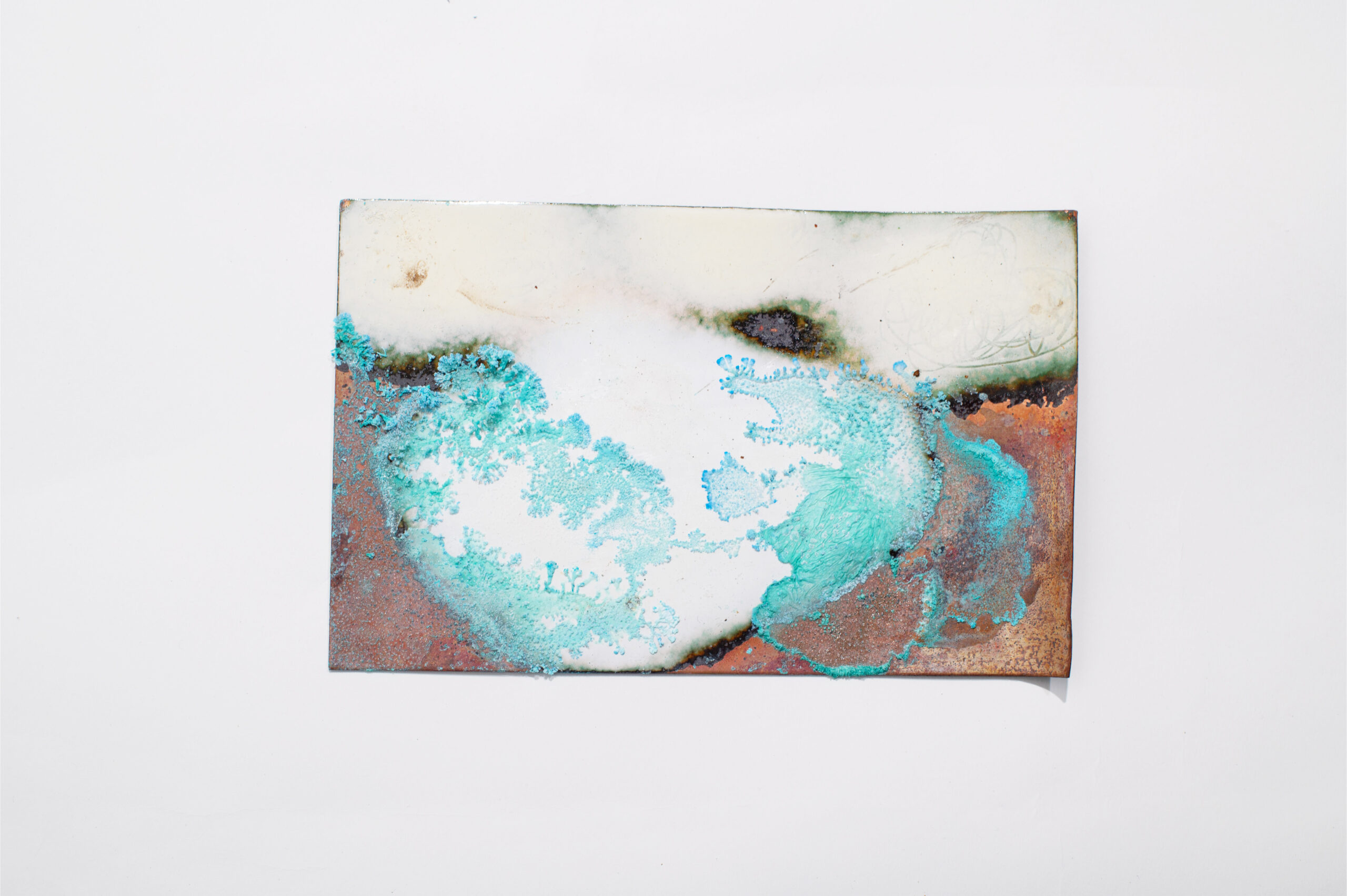 Copper verdigris, white enamel