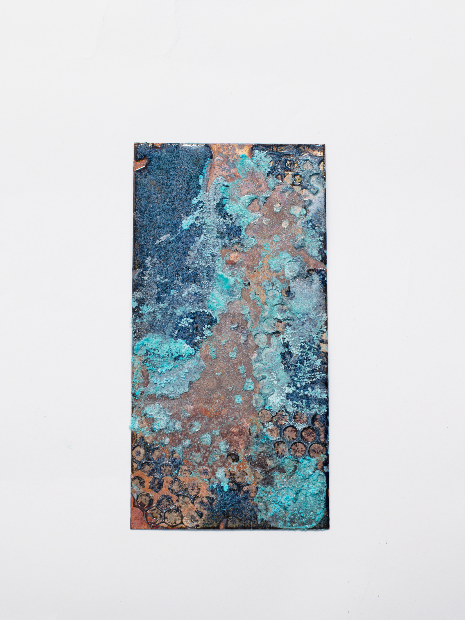 Copper verdigris, blue enamel