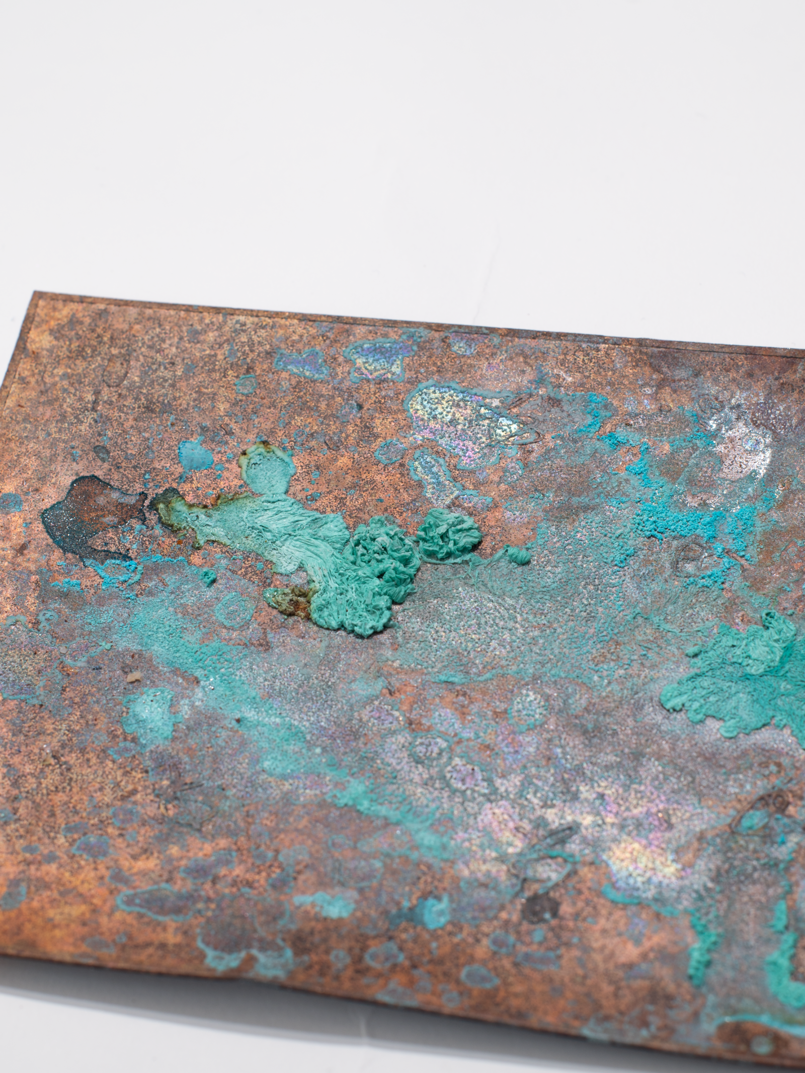 Copper verdigris, white enamel moon