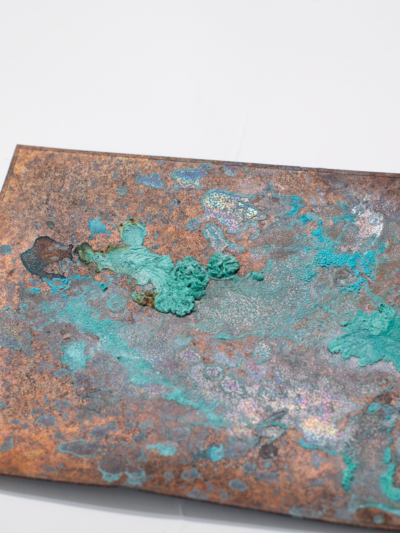 Copper verdigris, white enamel moon