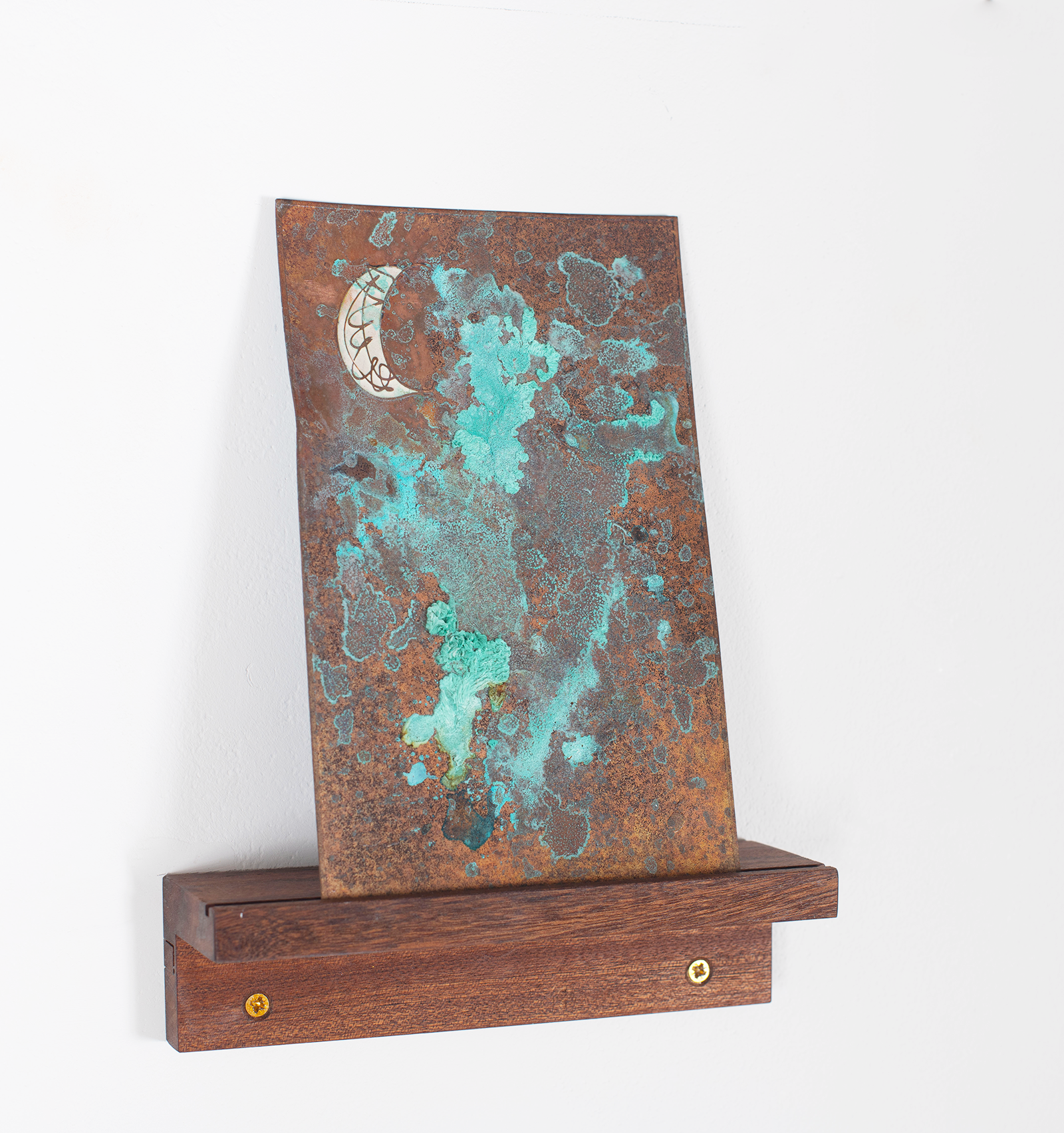Copper verdigris, white enamel moon