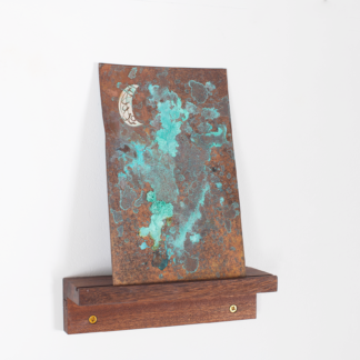 Copper verdigris, white enamel moon