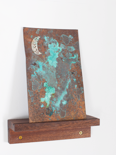 Copper verdigris, white enamel moon
