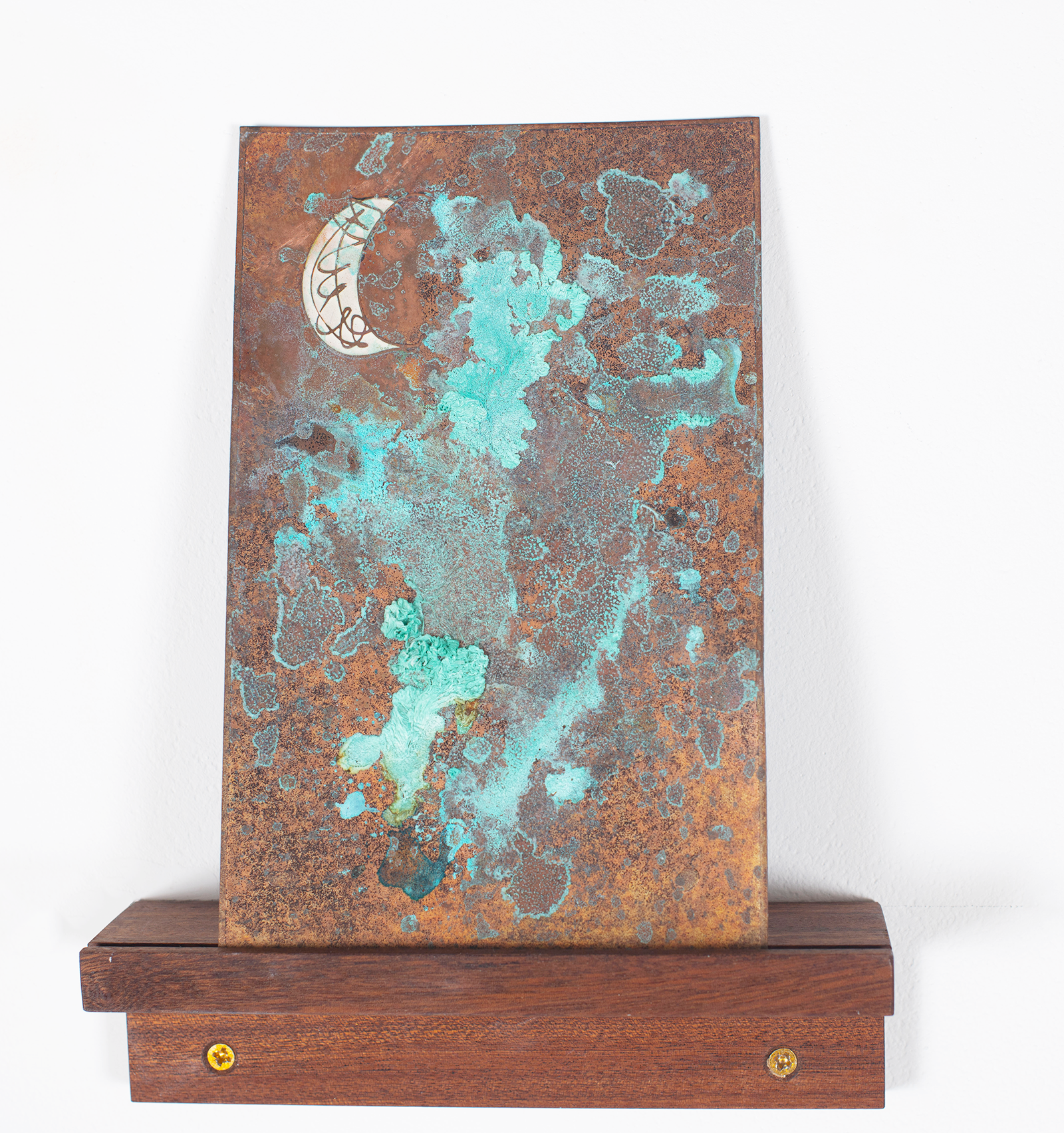 Copper verdigris, white enamel moon