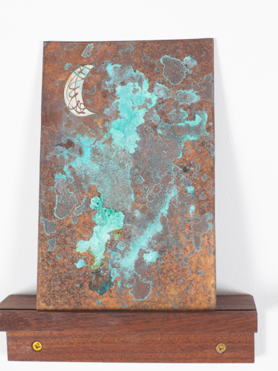 Copper verdigris, white enamel moon