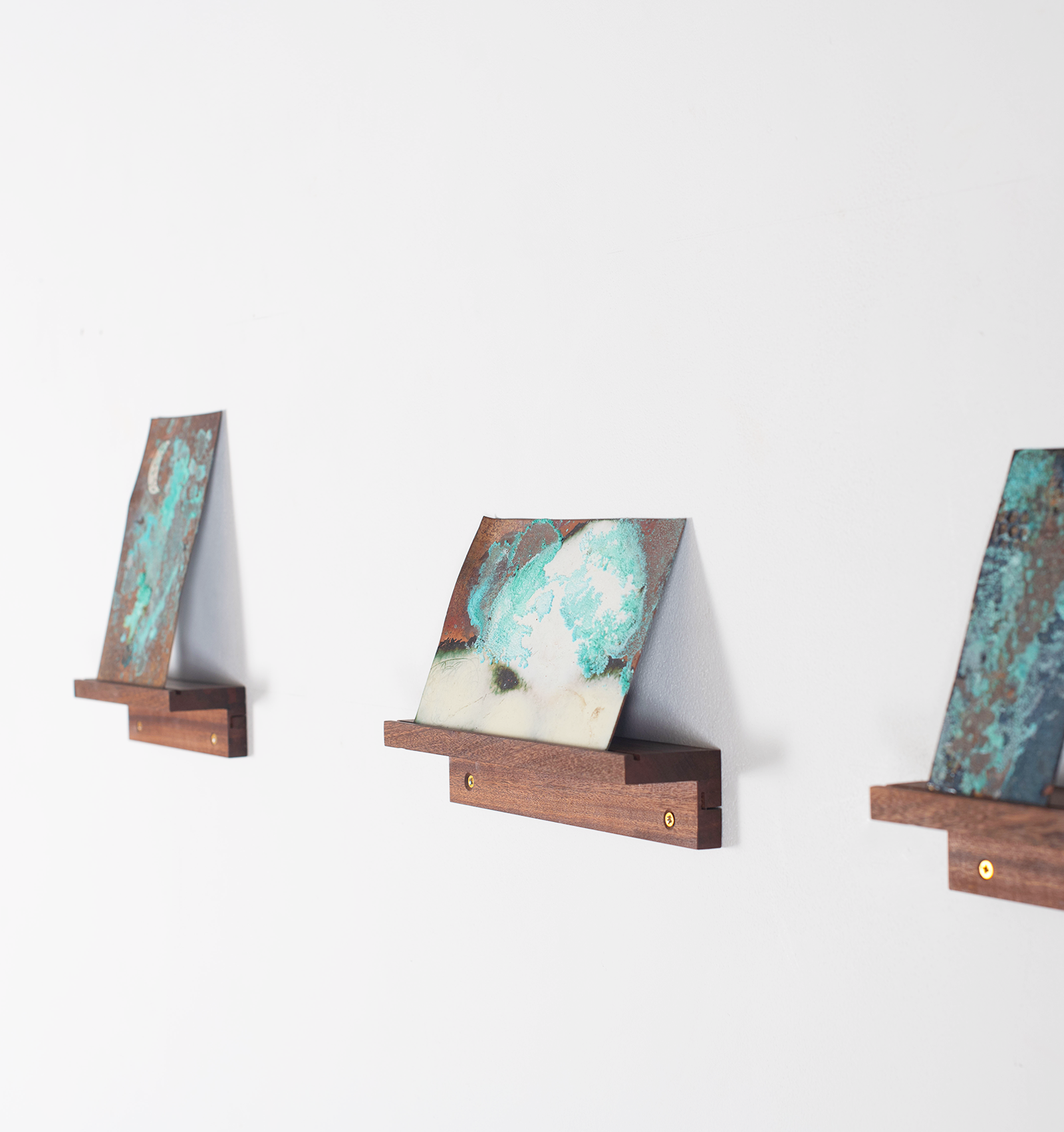 Copper verdigris, white enamel moon