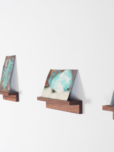 Copper verdigris, white enamel moon