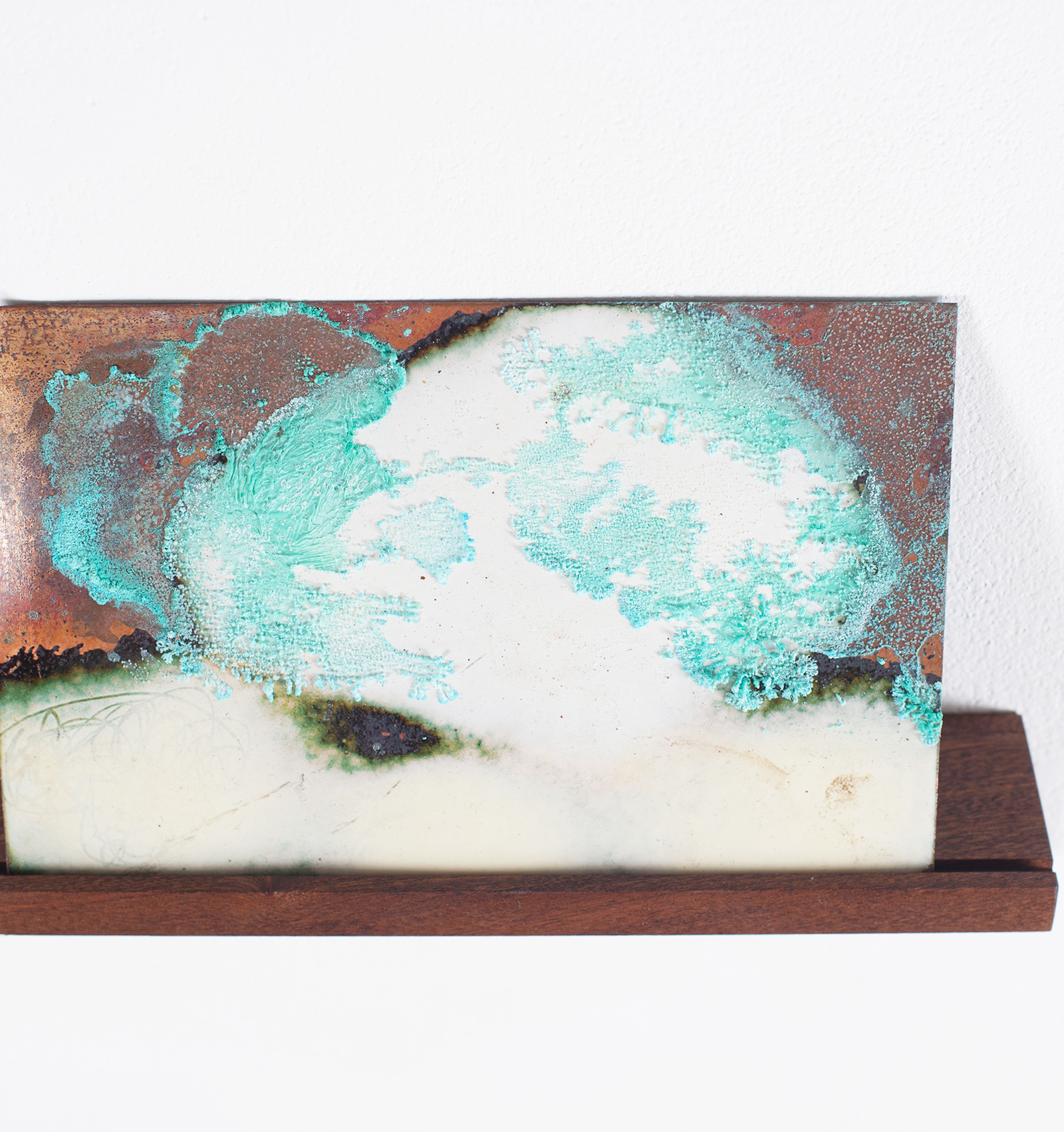 Copper verdigris, white enamel
