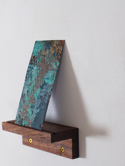 Copper verdigris, blue enamel