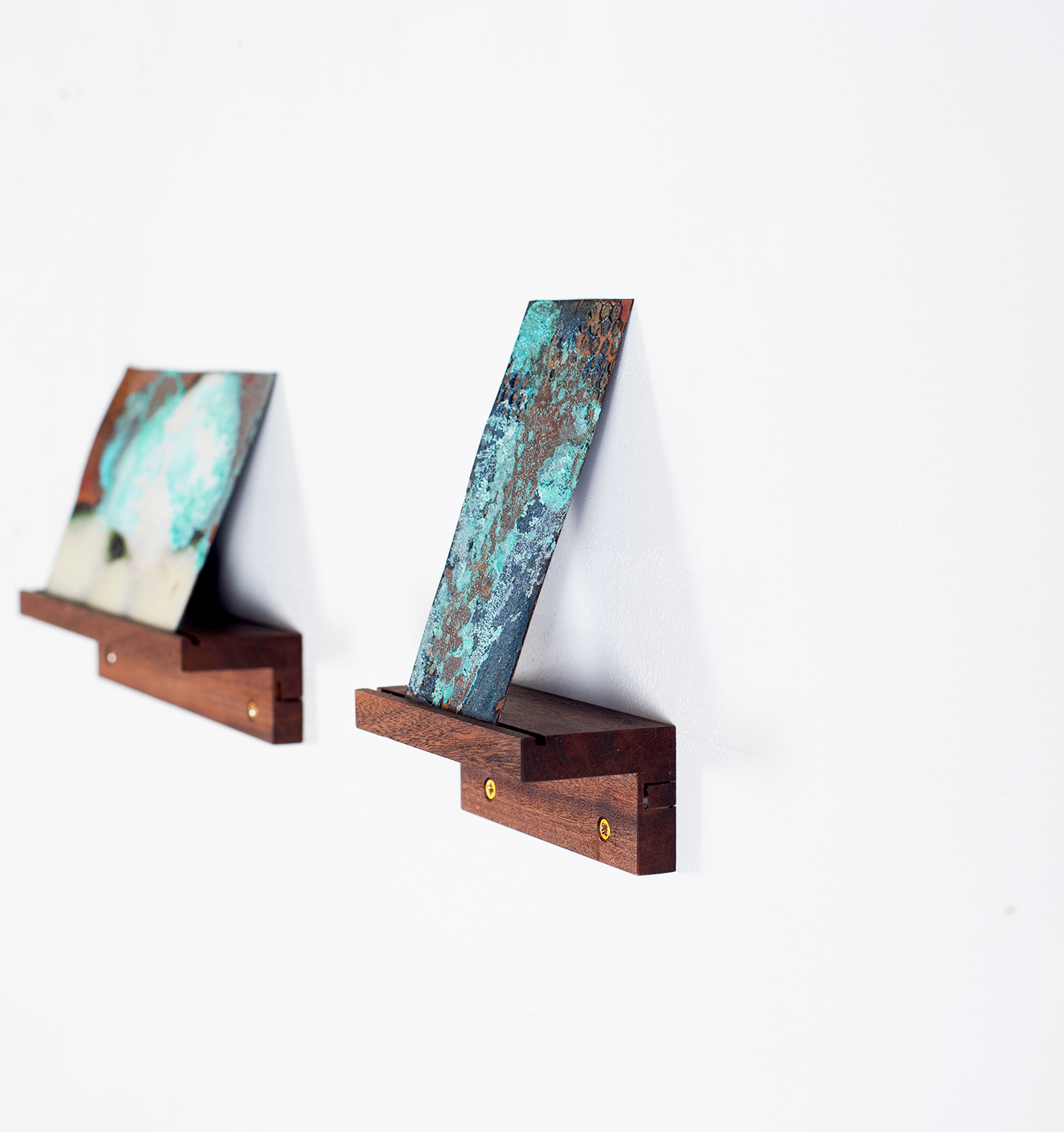 Copper verdigris, blue enamel