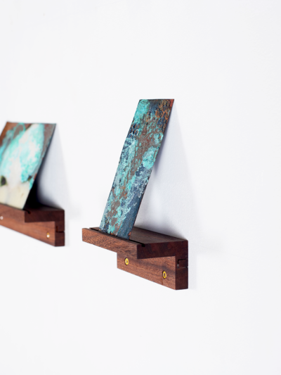 Copper verdigris, blue enamel