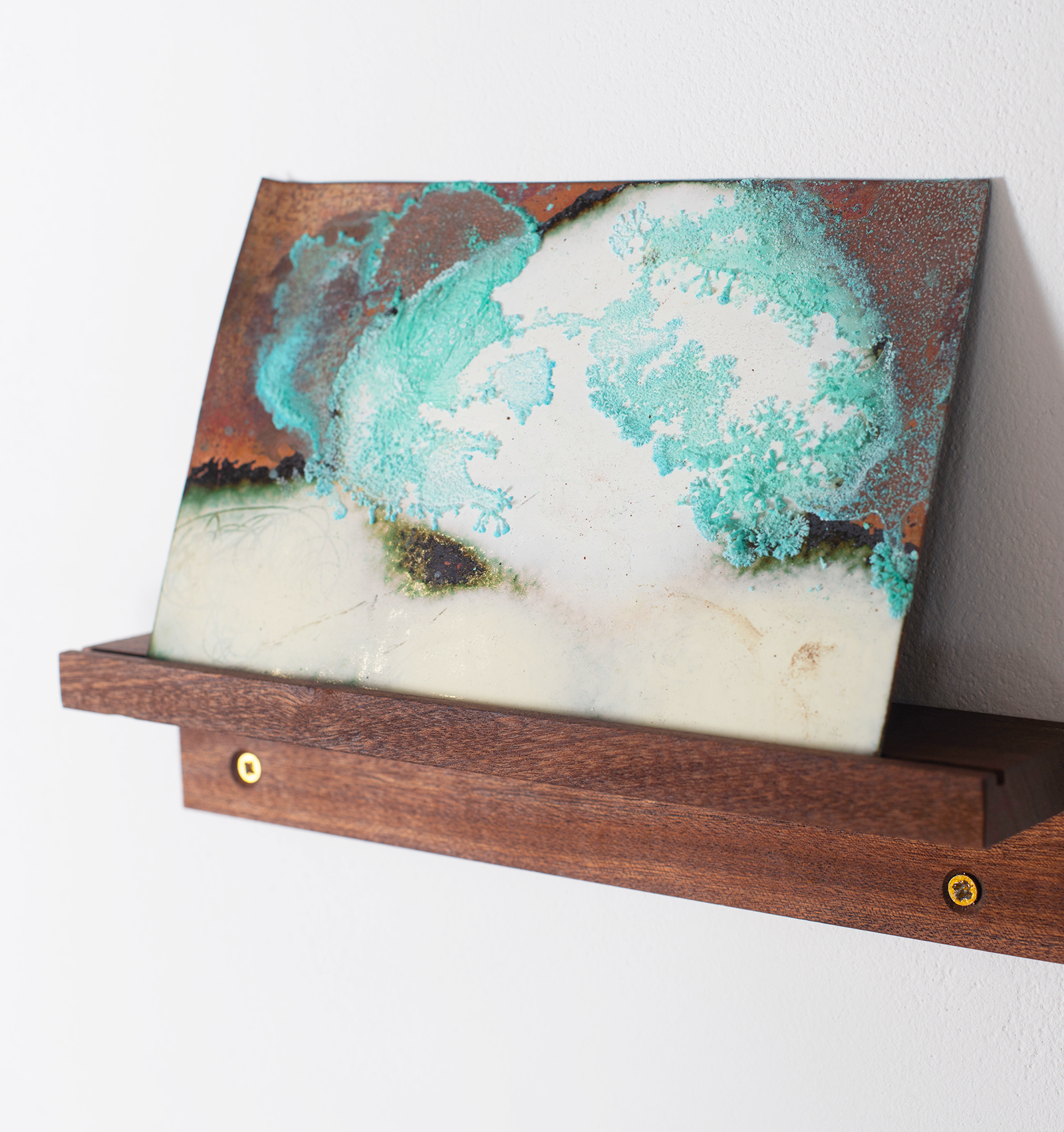 Copper verdigris, white enamel