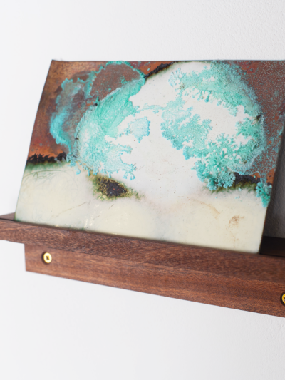 Copper verdigris, white enamel