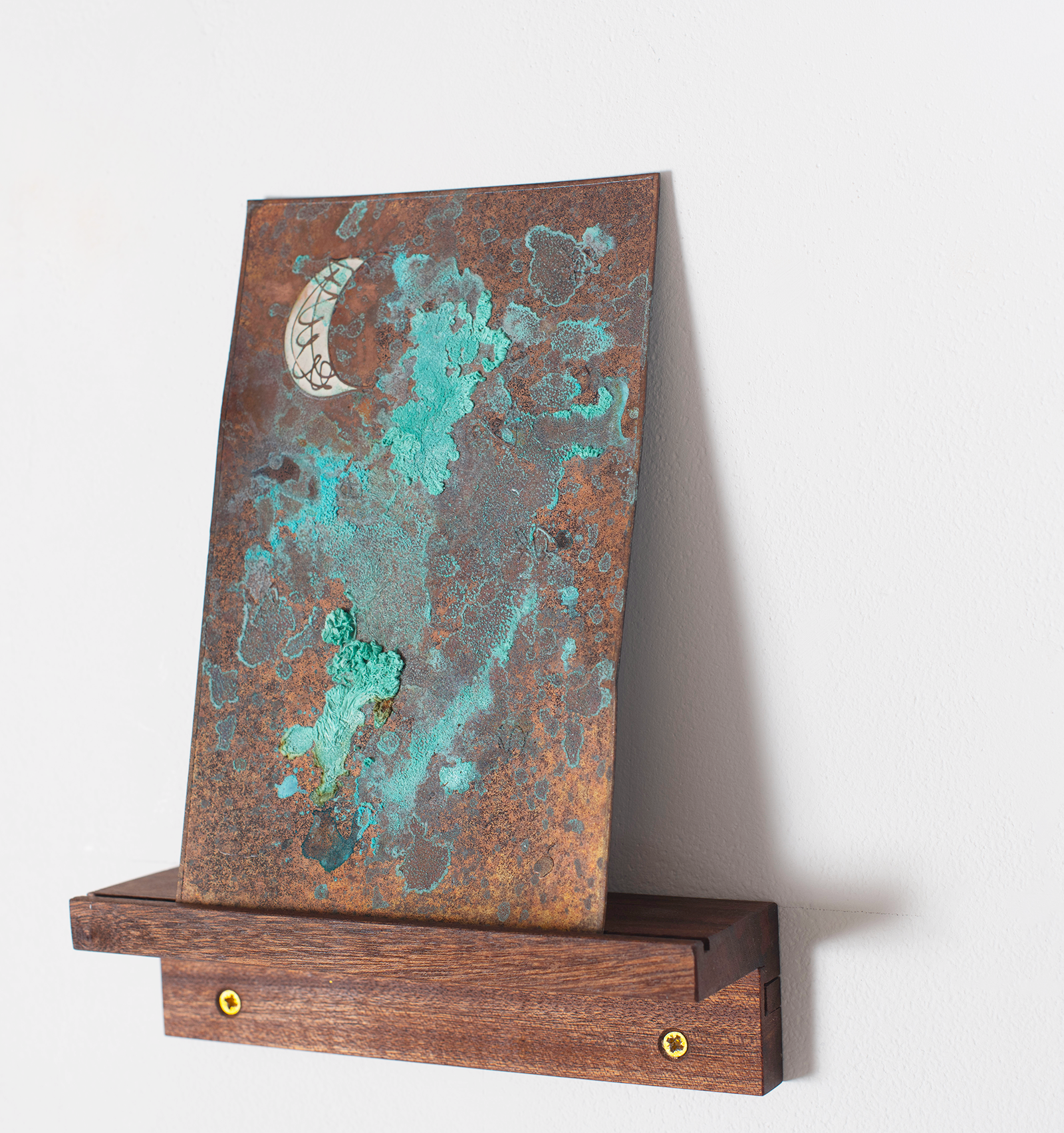 Copper verdigris, white enamel moon
