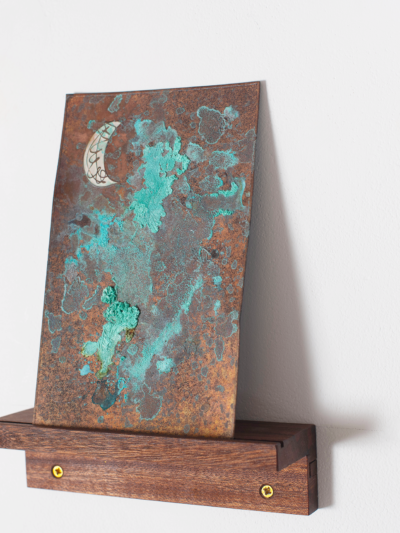 Copper verdigris, white enamel moon