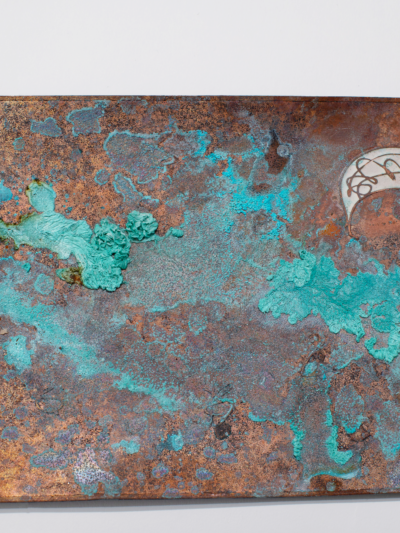 Copper verdigris, white enamel moon